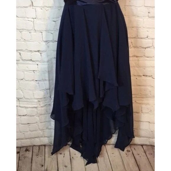 Ynes Dress Navy Blue Hi Low Scarf Hem Midi Strapless Layered Small - Picture 3 of 5